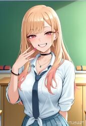 ai_generated artist_name bangs barbell_piercing black_choker blonde_hair blue_necktie blue_skirt blush bracelet breasts chalkboard choker classroom cleavage collarbone collared_shirt ear_piercing earrings fake_nails female fingernails gradient_hair grin gyaru hand_up indoors industrial_piercing jewelry juliatitusart kitagawa_marin large_breasts long_fingernails long_hair looking_at_viewer makeup multicolored_hair nail_polish necklace necktie piercing pink_nails pleated_skirt red_eyes ring school_uniform shirt skirt smile solo swept_bangs teeth tied_shirt upper_body white_shirt