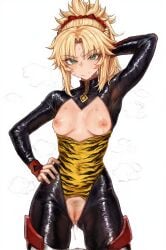 1girls ai_assisted armpits blonde_hair bodysuit breast_cutout breasts dripping_pussy fate_(series) leotard mordred_(fate) naked plushyplant pussy steaming_body sweat sweaty tiger_print unshaved_pussy