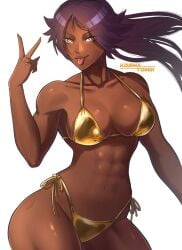 1girls abs african_female artist_request bleach breasts curvy_female dark-skinned_female female female_only gold_bikini hips medium_breasts muscles peace_sign ponytail purple_hair shihouin_yoruichi solo thick_thighs thighs tongue_out wide_hips