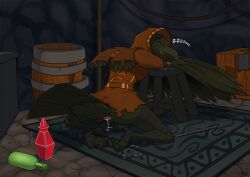 after_sex ass avian avian_butt avian_feet barrel beak bird black_body black_feathers bodily_fluids bottle bottomless bottomless_female claws closed_eyes clothed clothed_female clothing container corvid corvus_(genus) crow cum cum_in_cloaca cum_inside feathered_wings feathers female feral genital_fluids hi_res hood kneeling leaking_cum mcfan oscine passerine scuted_legs scutes sleeping solo sound_effects tail tail_feathers toe_claws vowelless vowelless_sound_effect winged_arms wings zzz