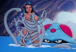 1girls 2025 areolae blue_eyes blue_hair breasts dark_blue_hair female generation_1_pokemon kingocrsh long_hair nessa_(pokemon) nintendo nipples pokemon pokemon_(species) pokemon_ss restrained restrained_by_tentacles tentacle tentacles_on_female tentacruel very_high_resolution