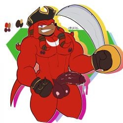 2023 anthro ass balls big_balls big_butt big_muscles big_pecs big_penis bodily_fluids dark_body dark_skin dripping echidna eyebrows fangs genital_fluids genitals hi_res knuckles_the_dread knuckles_the_echidna looking_at_viewer male mammal melee_weapon monotreme muscular muscular_male netflix pecs penis pirate_hat precum precum_drip raised_eyebrow sega smug_grin solo sonic_(series) sonic_prime sonic_the_hedgehog_(series) sword teeth weapon zackdadawg