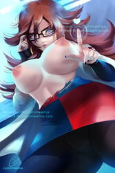 1girls android_21 android_21_(human) areola blue_eyes breasts brown_hair customwaifus dragon_ball dragon_ball_fighterz dress female glasses hoop_earrings hourglass_figure lab_coat nail_polish nipples pantyhose patreon red_hair scientist torn_clothes