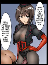 10s 1boy black_border black_hat black_jacket blue_background bodysuit bondage border bouto_(paranoia) breasts brown_eyes brown_hair clothed_female_nude_male corset dildo dominatrix elbow_gloves english english_text female femdom femdom_caption garrison_cap girls_und_panzer gloves hair_between_eyes hard_translated hat highres imminent_pegging jacket male malesub medium_breasts military military_uniform nipples nishizumi_maho pegging pokies red_gloves see-through sex_toy simple_background speech_bubble straight strap-on strap-on_over_clothes text translated uniform