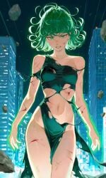 ai_generated battle_damage belly blood cuts dress green_eyes green_hair navel no_panties one-punch_man pelvic_curtain petite scratches skimpy small_breasts tatsumaki torn_dress wounded