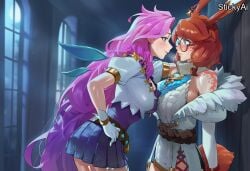 2girls ai_generated anime_coloring aurora_(league_of_legends) bedroom brown_hair curvy curvy_female curvy_figure girls_only hot hourglass_figure huge_breasts indoors large_breasts league_of_legends lesbian_sex mature_female night pink_hair seraphine_(league_of_legends) sexy shiny shiny_skin stickyai thick thick_ass thick_thighs yuri