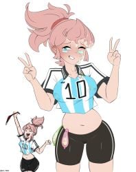 1girls after_sex argentina belly belly_button brawl_stars cum_on_face filled_condom football_uniform janet_(brawl_stars) nipples_visible_through_clothing owned_by_argentina pale_skin peace_sign pink_hair ponytail shorts smiling supercell sweatdrop white_background yellow_cum