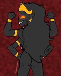 ass ass_focus black_skin glowing_eyes grin grinning_at_viewer gritted_teeth hindu_mythology hinduism jewelry kali kali_(osp) long_hair looking_at_viewer looking_back multiple_arms nightmare_waifu nude nude_female nudity orange_eyes overly_sarcastic_productions posing seductive seductive_look squeakyhorn third_eye