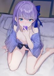 absurdres blue_eyes blue_ribbon blush breasts censored coffeekite commentary_request condom condom_wrapper fate/grand_order fate_(series) female hair_ribbon highres long_hair long_sleeves looking_at_viewer meltryllis_(fate) navel nipples purple_hair pussy ribbon small_breasts solo