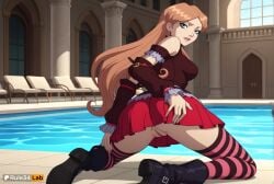 1girls ai_generated anus artist_name ass bare_shoulders black_footwear boots breasts brown_hair detached_sleeves fake_art female from_behind green_eyes hand_on_own_ass hi_res huntik indoors kneeling lips long_hair looking_at_viewer looking_back makeup medium_breasts no_panties orange_hair parted_lips pleated_skirt pool poolside presenting pussy red_skirt rule34lab skirt solo sophie_casterwill striped_clothes striped_thighhighs thighhighs uncensored water