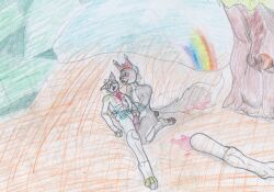 anthro black_body black_fur blood blood_from_wound bodily_fluids canid canine canis dismemberment domestic_cat domestic_dog duo felid feline felis fur gore hi_res holding_body hybrid izzym knife lying lynx male mammal red_body red_fur slit_throat smile traditional_media_(artwork) white_body white_fur wounded