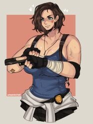 athletic athletic_female biceps big_breasts blood blue_eyes breasts brown_hair brunette_female brunette_hair cleavage clothed clothes clothing cop curvaceous curvaceous_body curvaceous_female curvaceous_figure curvaceous_hips curvy curvy_body curvy_female curvy_figure curvy_hips dirty female female_focus female_only gloves gun hips injured jill_valentine no_sleeves police police_uniform policewoman resident_evil short_hair sleeveless sleeveless_shirt thenoodleshop thick_hips wide_hips