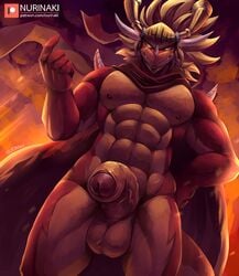 abs anthro armor athletic balls beckoning biceps big_balls big_penis blonde_hair digital_media_(artwork) dragon drum_(buddyfight) drum_bunker_dragon fangs future_card_buddyfight hair half-erect helmet horn humanoid_penis long_hair looking_at_viewer male male_only manly muscular nipples nude nurinaki orange_scales pecs penis pose red_scales scales scalie scarf smile smirk solo uncut vein