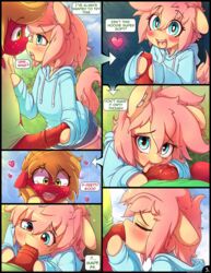 2boys animal_genitalia anthro balls big_macintosh_(mlp) blush butterscotch_(hoodie) butterscotch_(mlp) clothed clothing comic cum equine erection fellatio femboy hoodie_(artist) horse male male_only mammal my_little_pony penis shirt shorts sweat trap yaoi