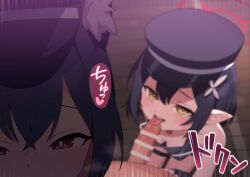 1boy 2girls animal_ear_fluff animal_ears ayane_(blue_archive) ayane_(idol)_(blue_archive) bar_censor bare_shoulders black_gloves black_hair black_hat blue_archive blurry blush breasts cat_ears censored commentary_request erection fellatio ffm_threesome fingerless_gloves flower from_above gloves group_sex hair_between_eyes hair_flower hair_ornament halo hat highres large_variant_set licking licking_penis looking_at_viewer multiple_girls official_alternate_costume oral paid_reward_available peaked_cap penis pointy_ears pov pov_crotch red_eyes robo_mikan sensei_(blue_archive) serika_(blue_archive) serika_(idol)_(blue_archive) short_hair small_breasts straight threesome tongue tongue_out variant_set yellow_eyes