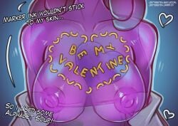 big_breasts big_nipples body_writing breasts breasts_out chest critterstew flashing flashing_breasts food food_play large_breasts monster_girl slime slime_girl slime_monster writing_on_body