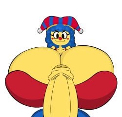 blue_hair bra breasts clothed clown clown_girl clown_nose edit emoji_(race) futanari huge_cock hyper_breasts inspired_by looking_at_viewer penis tagme thick_thighs traced ytfvbk_(artist)