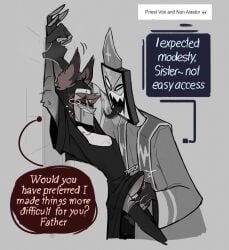 2boys alastor_(hazbin_hotel) animal_ears big_penis blush blushing clothed craxkers english english_text erect_penis erection gay hands_up hat hazbin_hotel legwear long_tongue looking_at_another looking_at_partner monocle nun nun_outfit open_mouth penis priest red_eyes red_hair sharp_teeth simple_background speech_bubble tongue tongue_out tv_head vox_(hazbin_hotel) yaoi