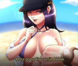 1girls aobacarry bare_shoulders beach big_breasts bikini bikini_top blue_eyes blue_hair breasts caitlyn_(league_of_legends) caitlyn_kiramman cap faceless_male female female_focus german hat highres large_breasts league_of_legends pool_party_caitlyn pool_party_series purple_bikini riot_games swimsuit