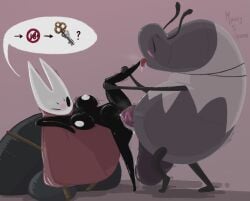 ballsack belly_bulge breasts_out bug duo_focus hollow_knight:_silksong hornet_(hollow_knight) large_penis nipples npc silksong spread_legs stuffed_belly thighs white_nipples