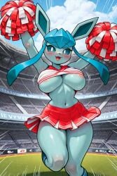 1female 1girls ai ai_generated anthro arms_up big_breasts blue_legwear blush breasts cheering cheerleader cheerleader_outfit cheerleader_uniform cloud day daytime ear ears_up eeveelution female frosting.ai fur game_freak generation_4_pokemon glaceon happy holding_object jump jumping legwear light_blue_body light_blue_hair light_blue_sclera looking_at_viewer midair motion_lines nintendo non-nude pink_areola pokemon pokemon_(species) pom_pom_(cheerleading) pom_poms red_pom_poms red_skirt shirt skirt solo stadium stadium_background thick_thighs thighs tummy underboob white_and_red white_pupils