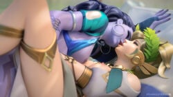 2girls 3d alternate_costume areolae blender breasts cote_d'azur_widowmaker earrings ellowas female female_only hoop_earrings kissing mercy nipples overwatch widowmaker winged_victory_mercy yuri