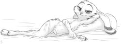 1boy anthro balls bed bedroom_eyes black_and_white disney front_view full-length_portrait greyscale gun half-closed_eyes hand_behind_head handgun jack_savage lagomorph looking_at_viewer lying male male_only mammal monochrome nude on_side penis pistol portrait rabbit ranged_weapon seductive simple_background sketch small_penis smile solo tapering_penis w4g4 weapon white_background zootopia