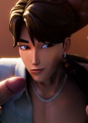 1boy 3d alternate_version cock_on_face dick_on_face different_lightning diogaygay earring erect erect_cock erect_dick erect_penis erection face_close-up face_close_up face_closeup gay interracial jinu_(kpop_demon_hunters) kpop_demon_hunters male male_only necklace penis_on_face preview smiling unbuttoned_shirt yaoi