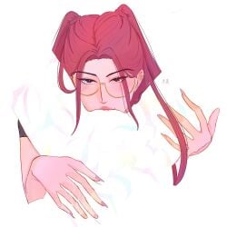 2girls body_markings commentary cunnilingus english_commentary fingernails glasses highres kpop_demon_hunters lianlims meme mira_(kpop_demon_hunters) multiple_girls negative_space_cunnilingus_(meme) oral pink_hair purple_nails pussy rumi_(kpop_demon_hunters) sfw_illustration_(meme) sharp_fingernails signature two_side_up valentine yuri