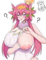 :o ? @_@ areolae duel_masters exhibitionism flashing_breasts huge_breasts huge_nipples one_breast_out presenting_breasts rafululu_love,_acoustic_dragon_elemental sennou_senno upper_body