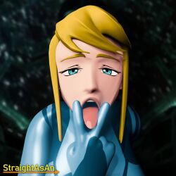 1girls 3d blonde_hair blue_eyes bodysuit clothed clothing female light-skinned_female light_skin metroid samus_aran straightasan suggestive_gesture tongue tongue_out zero_suit zero_suit_samus