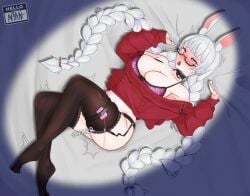 1girls 2d 2d_(artwork) 2d_artwork animal_ear_fluff animal_ears ankles armpit armpit_crease armpit_peek armpits belly belly_button big_breasts black_bra black_choker black_legwear black_panties black_stockings black_thigh_highs black_thighhighs black_underwear blunt_bangs blush blush_face blushing_female bra braid braided_hair braided_twintails braids breasts bunny_girl busty busty_female busty_girl busty_teen busty_teenager calves character_request choker cleavage collarbone commission commission_art copyright_request digital digital_art digital_drawing digital_drawing_(artwork) digital_media digital_media_(artwork) drawing enjoying feet female female_focus female_only fingers full_body glasses glasses_on_face glasses_on_head gorillagripboba grabbing_sheets gripping_sheets hairless_armpits head_tilt heart-shaped_pupils heart_eyes high_resolution highres inguinal_crease inguinal_ligament knees lace-trimmed_bra lace-trimmed_legwear lace-trimmed_stockings lace-trimmed_thigh_highs lace-trimmed_thighhighs lace-trimmed_underwear large_boobs large_breasts lean_figure legs legwear long_hair lying lying_down lying_on_back lying_on_bed matching_underwear midriff narrow_waist navel on_back on_bed open_mouth orgasm_face panties parted_lips pink_bra pleasure pleasure_face pleasured pleasured_face purple-eyed_female purple_eyes rabbit_ears rabbit_girl semi-rimless_glasses shaved_armpits shoulders simple_background skindentation slender_body slender_waist slim_female slim_waist solo stockings teenage_tits thick_thighs thigh_highs thighhighs thighs tilted_head tongue tongue_out twin_braids twintails twintails_(hairstyle) twitch_lines twitching under-rim_glasses underwear vibrator vibrator_in_pussy white-haired_female white_background white_hair wide_hips