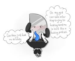 1boy blush bodily_fluids citrus_bastard dialogue disembodied_hand disembodied_hands genital_slit genitals handcuffs inanimate_insanity knife_(ii) lemonbastards looking_at_viewer object_shows penis presenting presenting_ass presenting_hindquarters presenting_penis simple_background slit solo speech_bubble sweat sweatdrop teasing tentacle_penis text tied tied_hands