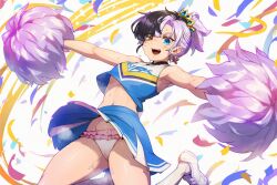 1girls female heterochromia indie_virtual_youtuber multicolored_hair rin_penrose virtual_youtuber ai_generated naticai black_hair white_hair ponytail crown cheerleader cheerleader_uniform cheerleader_outfit upskirt panties idol_corp