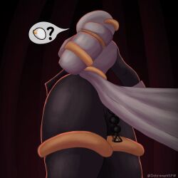 artificer_(risk_of_rain) ass ass_focus beads big_ass clothed dark_skin dehromansfw gold_jewelry masked_female no_eyes risk_of_rain risk_of_rain_2 upskirt white_clothing white_shirt