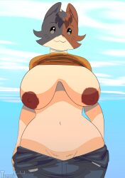 absurd_res big_breasts bottomwear breasts calico_cat cate_meowdy clothed clothing clothing_lift domestic_cat epic_games felid feline felis female fortnite fortnite:_battle_royale hi_res mammal no_underwear open_bottomwear open_clothing open_pants pants sagging_breasts shirt shirt_lift tagme toonarscontent topwear