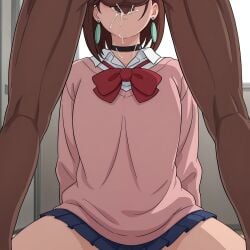 1boy ai_generated ayase_momo balls black_choker blue_skirt bow bowtie brown_hair choker clothed_female_nude_male collared_shirt cum cum_in_mouth cum_overflow dandadan dark-skinned_male dark_skin dress_shirt earrings fellatio female floating_earring indoors interracial jewelry long_sleeves male miniskirt nude oral penis pink_sweater pleated_skirt red_bow red_bowtie school_uniform shirt short_hair skirt solo_focus standing straight sweater testicles thighs white_shirt