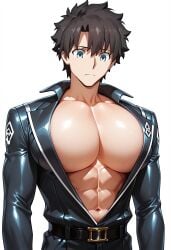 1boy ai_generated apron artist_request black_hair blue_eyes fate_(series) fujimaru_ritsuka_(male) light_skin male_only simple_background skin_tight skin_tight_outfit sole_male solo type-moon white_background