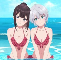 2girls bare_shoulders beach blue_eyes blush brown_hair cleavage collarbone enomoto_rion gray_eyes hairclip jaku-chara_tomozaki-kun kikuchi_fuuka large_breasts long_hair looking_at_viewer medium_breasts ocean pressing_breasts_together red_bikini red_ribbon short_hair silver_hair smiling standing standing_in_water string_bikini