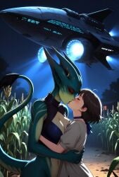 2girls ai_generated ai_voice_acted alien/human alien_girl animated closed_eyes corn_field dark_brown_hair female_only glowing_eyes happy height_difference horns hugging long_ears married_couple night reincarnation romantic_night short_hair spaceship tagme tail tail_tuft tall_female ufo video wagging_tail wife_and_wife yellow_eyes yuri
