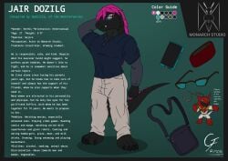 alternate_universe anthro biped cellphone clothed clothing digital_drawing_(artwork) digital_media_(artwork) electronics english_text eyewear fan_character glasses godzilla godzilla_(series) gradient_background hair hi_res kaiju keychain male male_anthro model_sheet navel non-mammal_navel overlord_gabriel phone pink_eyes pink_hair scalie simple_background solo standing text text_box toho