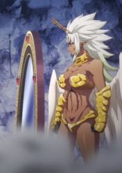 1girls breasts chained_soldier dark-skinned_female jouryuu_(mato_seihei_no_slave) large_breasts mato_seihei_no_slave navel pointy_ears screencap thighs white_hair wings