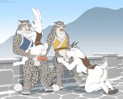 anthro anus ass balls bodily_fluids bottomless bovid breasts caprine clothed clothing cum erection felid fellatio female fur genital_fluids genitals goat group hi_res jishinu lagomorph leporid male male/female mammal markings nipples oral pantherine penile penis rabbit rocky_mountain_goat sex snow_leopard spots spotted_body spotted_fur tongue vulva white_body white_fur