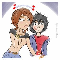 aunt_and_nephew aunt_cass big_hero_6 black_hair blush breasts brown_hair cass_hamada disney english_text handjob hiro_hamada incest older_female rage_grenade sound_effects sweatdrop