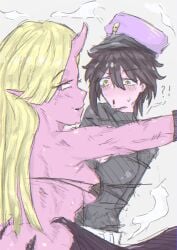 2girls blonde_hair blush bob_cut bondage breasts darkbiom female/female hat horn long_hair monster_girl noirune oc pink_body purple_eyes self_upload smirking succubus sweat tied_up wings yellow_eyes
