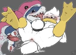 2_penises after_sex anatid animal_genitalia animal_penis anseriform anthro anus aquatic ass avian ball_ring balls beak benji_(artist) bird blush bodily_fluids cum cum_in_ass cum_inside drake_(an_dork) duck duo erection feral fish genital_fluids genitals hemipenes hi_res jeff_the_land_shark land_shark_(species) licking looking_pleasured lying male male/male mammal marvel marvel_rivals multi_genitalia multi_penis nude on_back penile penis shark simple_background tail teeth tongue tongue_out