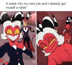 after_sex before_and_after big_booty big_butt blitzo_(helluva_boss) booty boss_and_employee cum_in_ass fat_ass helluva_boss huge_ass laying_on_bed male/male meme moxxie_(helluva_boss) moxxine_(helluva_boss) shirt_only smirk smirking smirking_at_viewer water_enjoyer