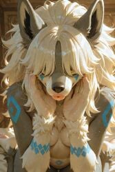 1girls ai_generated anthro_female big_hair canid dog_girl female generation_3_pokemon hair_covering_eyes hyena_girl mightyena original_character paya_(scorpianpp) pokemon pokemon_(species) scorpianpp self_upload short_girl stable_diffusion white_hair