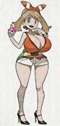 ai_edit ai_generated big_ass big_breasts blue_eyes brown_hair cleavage high_heels huge_ass huge_breasts may_(pokemon) may_(pokemon_oras) pokeball pokemon pokemon_(game) pokemon_oras ribbon ribbon_in_hair teenage_girl teenager thick_thighs