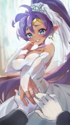 bare_shoulders big_breasts blue_eyes blurry blurry_background blush breasts bridal_gauntlets cleavage commentary commission cowboy_shot cute dark-skinned_female dark_skin dress english_commentary female happy_tears highres jewelry large_breasts life_is_pi long_hair looking_at_viewer pointy_ears ponytail pov pov_hands purple_hair ring shantae shantae_(character) solo_focus strapless strapless_dress tears very_long_hair wayforward wedding wedding_dress white_dress wholesome